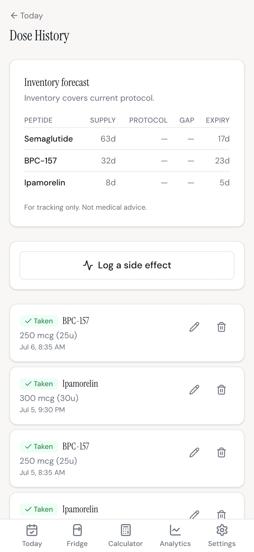 Peplo's dose history showing an inventory forecast for a multi-compound stack and a log of taken doses