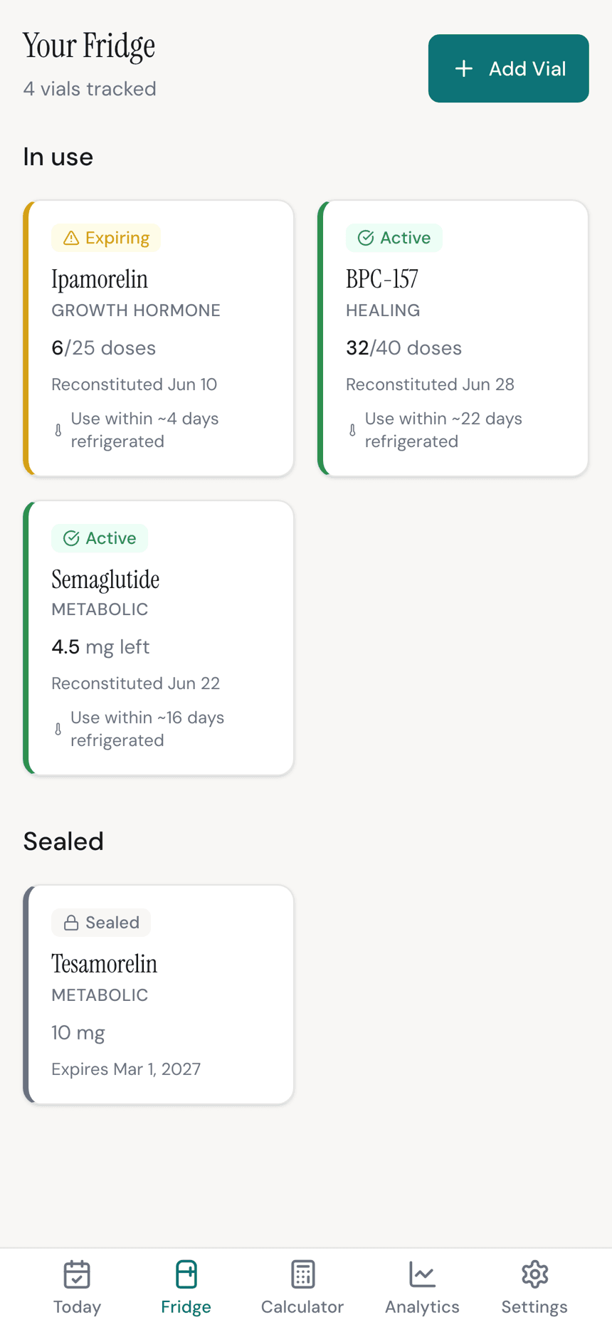 Peplo's Fridge inventory showing active and sealed vials with status and beyond-use dates