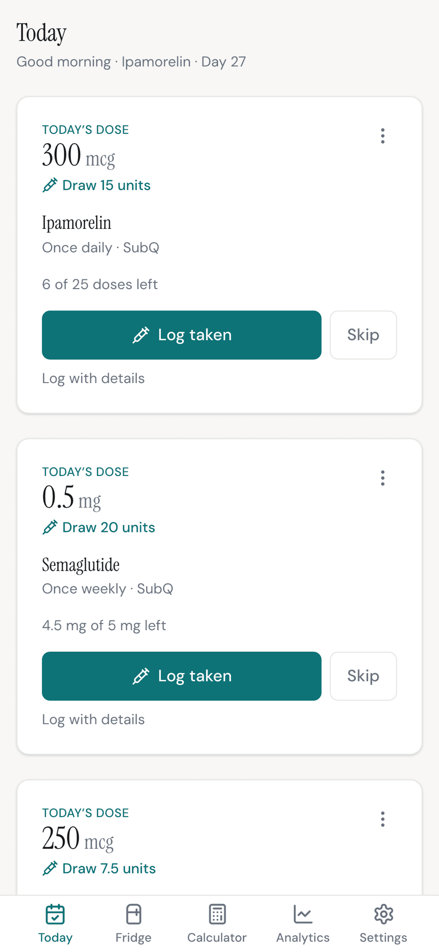 Peplo's Today screen showing today's doses for a multi-compound stack with one-tap logging